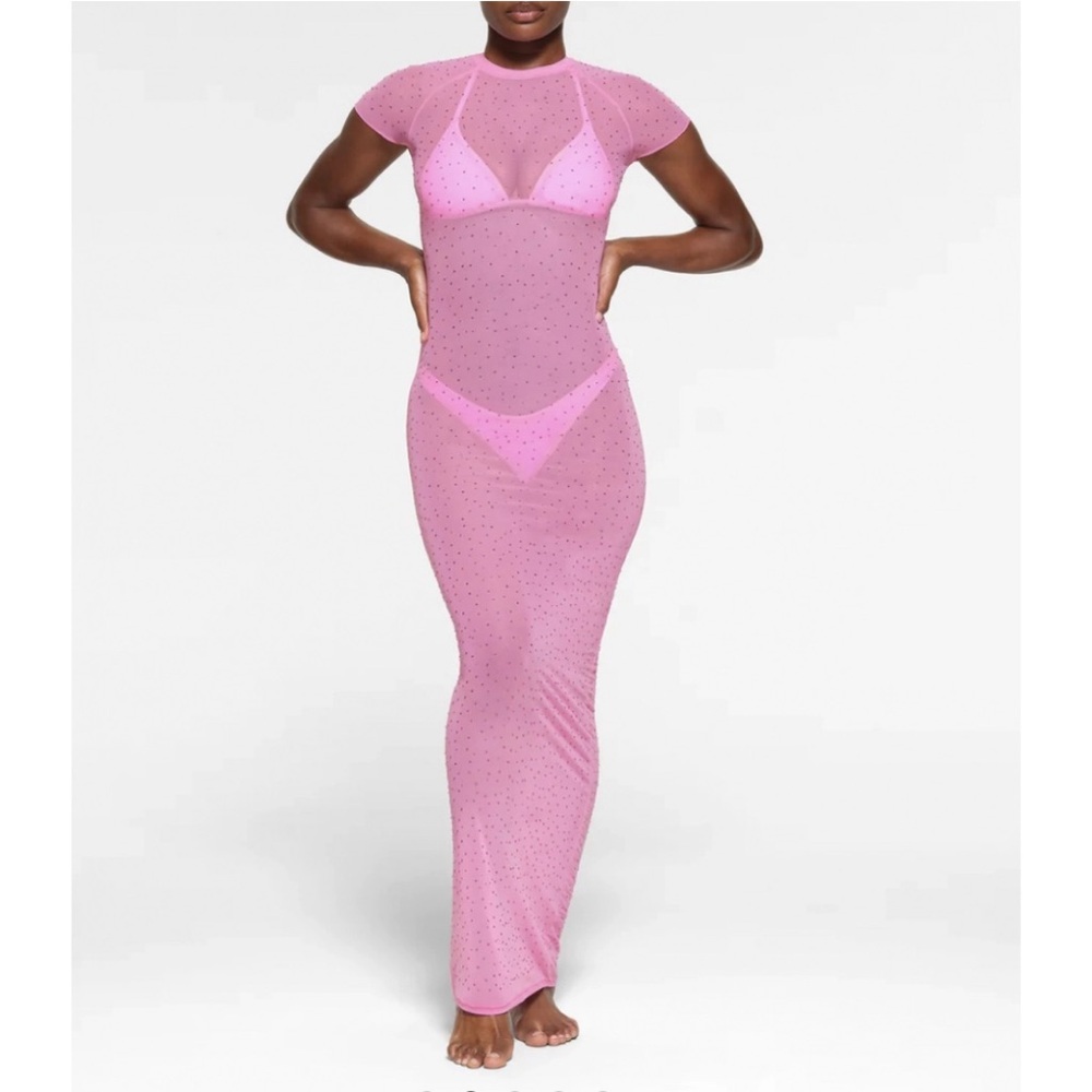 Skims Taffy/Pink Mesh Rhinestone Swim Cover Up/Long Dress/Maxi | New/Nwt | Xs